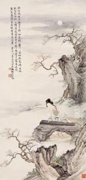 Playing Koto In Moonlight Oil Painting by Feng Chaoran