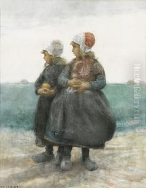 Zwei Madchen Mit Holzschuhen Am Strand. Oil Painting by Frantz Charlet