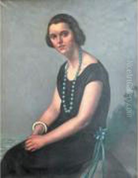 Portrait D'une Elegante Sur Fond De Paysage Oil Painting by Louis Charlot