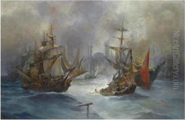 Ships Off The Coast Of Constantinople Oil Painting by Vassilios Chatzis