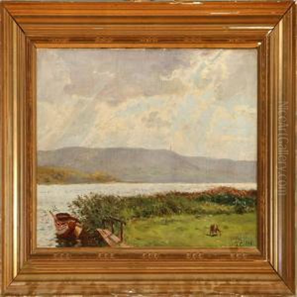 Coastal Scene From The Silkeborg Lakes, Denmark Oil Painting by Godfred B.W. Christensen