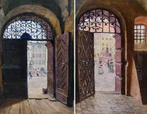 Blick Auf Einen Belebten Marktplatz Durch Geoffnete Turen Oil Painting by Tadeusz Cieslewski
