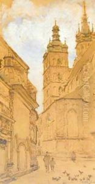 Plac Mariacki W Krakowie Oil Painting by Tadeusz Ii Cieslewski