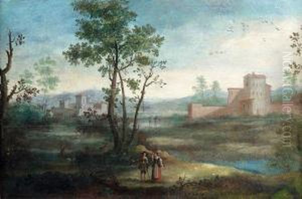 Sudliche Landschaft Mit Kastell Und Figurenstaffage Oil Painting by Gianbattista Cimaroli
