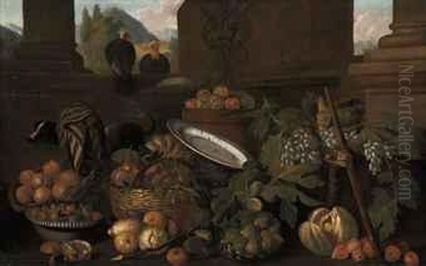 Peaches, Pears, Apples, Lemons, 
Figs And Grapes, In Baskets, With Adog And Two Turkeys, In A Classical 
Architectural Setting, Alandscape Beyond Oil Painting by Pier Francesco Cittadini