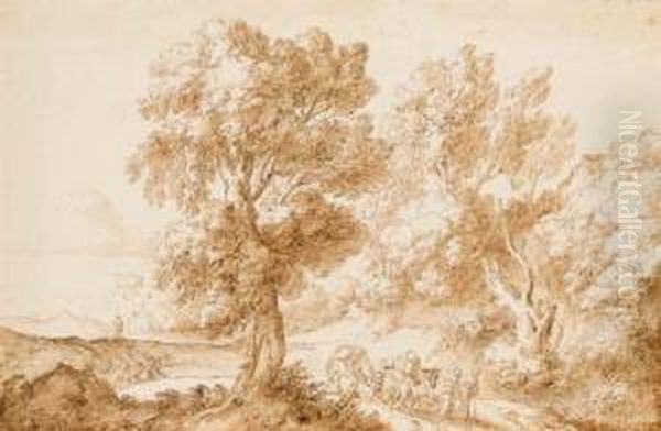Deux Voyageurs Sur Un Chemin Avec Chevaux Et Moutons Dans Un Paysage Arbore Oil Painting by Pier Francesco Cittadini Il Milanese