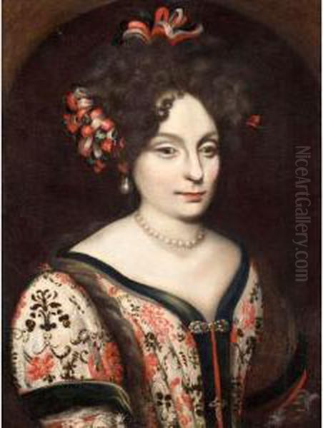 Portrait Of A Lady, Half Length,
 Wearing Ribbons In Her Hair And A White Embroidered Dress Oil Painting by Pier Francesco Cittadini