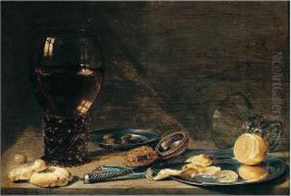 A Still Life Of A Roemer, Pewter
 Plates Bearing Olives And Lemons, A Watch And Other Objects On A Stone 
Ledge Oil Painting by Pieter Claesz.