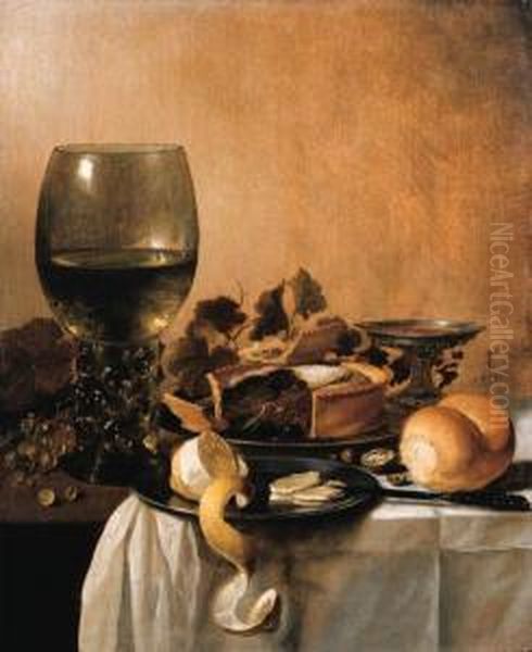 A Giant Roemer, A Silver Tazza, A
 Pie And A Partly Peeled Lemon On Pewter Plates, Grapes On The Vine, A 
Bread Roll And A Knife On A Partially Draped Table Oil Painting by Pieter Claesz.