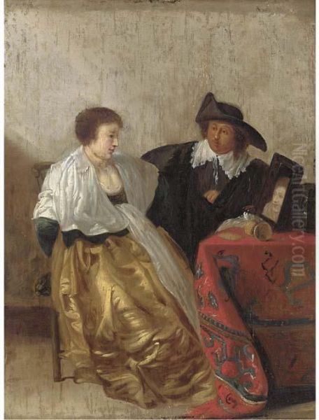 An Elegant Couple At A Dressing Table Oil Painting by Pieter Codde