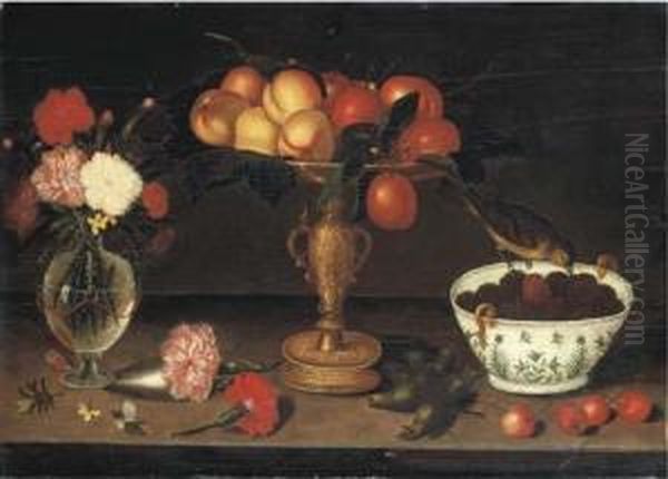 Peaches And Plums In A Tazza And
 A Finch Eating Blackberries From Aporcelain Bowl With Gilt Handles And A
 Facon-de-venise Vase Withcarnations And Wallflowers, On A Ledge With 
Cherries, Seedheads,pine Needles And A Butterfly Oil Painting by Francesco Codino