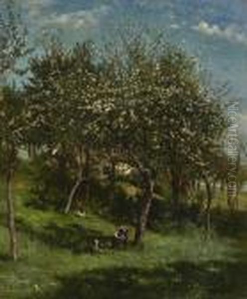 Im Bluhenden Obstgarten. Oil Painting by Marie Collart