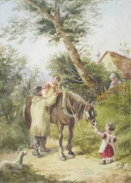 Horse With Man And Children Oil Painting by William Wiehe Collins