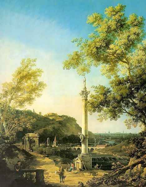 Capriccio- River Landscape with a Column, a Ruined Roman Arch and Reminiscences of England 1754 Oil Painting by (Giovanni Antonio Canal) Canaletto