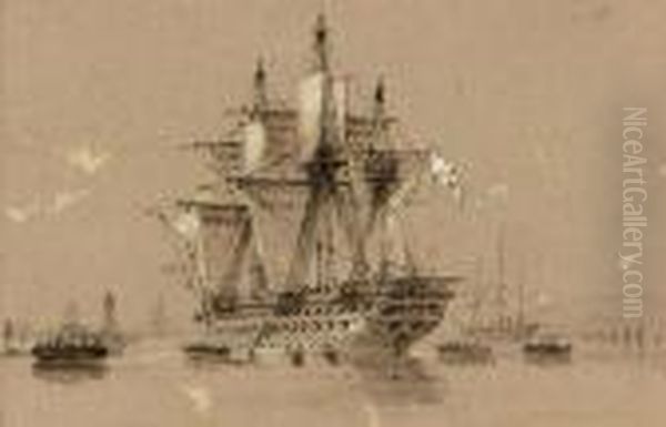 A Russian Man-o'war And Other 
Warships Lying In The Hamoaze,plymouth (illustrated); And A Royal Naval 
Frigate Under Full Sailin The Channel Oil Painting by Condy, Nicholas Matthews