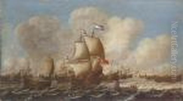 A Dutch Fishing Fleet In Choppy Waters Oil Painting by Pieter Jansz. Coopse