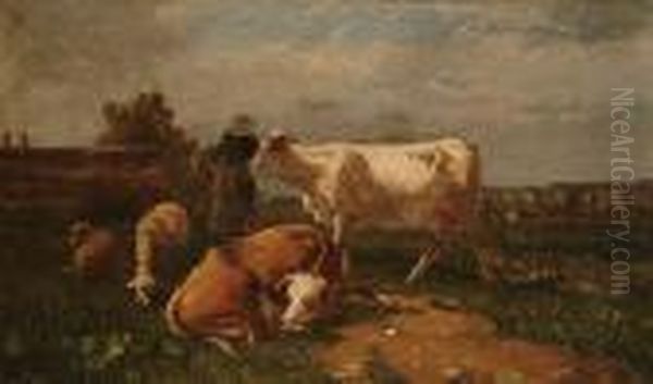 Cattle Watering; Cattle And Sheep In A Pasture Oil Painting by Antonio Cordero Cortes
