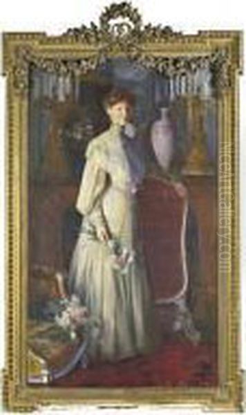 [ernest Courtois De 
Bonnencontre; Portrait Of A Woman Leaning On A Screen; Oil On Canvas; 
Signed] Oil Painting by Ernest Courtois De Bonnencontre