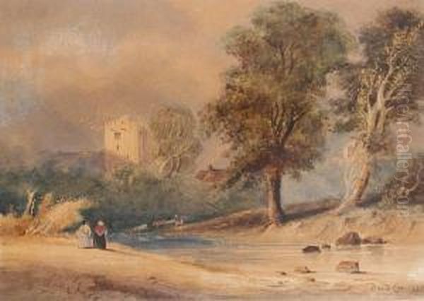 Figures In A Landscape Oil Painting by David Cox Snr.