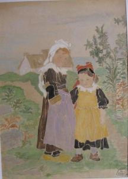 Mere Et Fille Sur La Lande Oil Painting by Suzanne Crepin