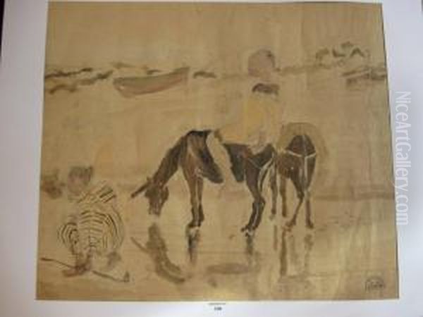 Bord De Mer, Deux Anes Et Deux Personnages Oil Painting by Suzanne Crepin
