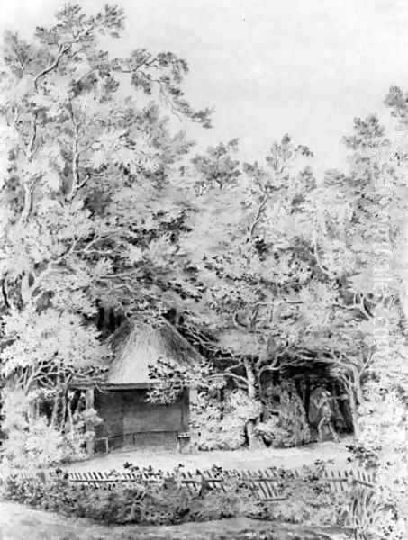 A labourer approaching a thatched pavilion in a garden Oil Painting by John Constable