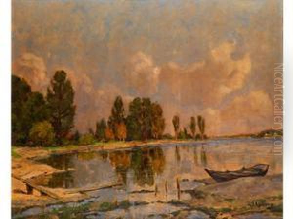 Anliegender Kahn In Der Bucht Eines Oberbayerischen Sees Oil Painting by Robert Franz Curry