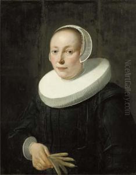 Portrait Of A Lady, Half-length,
 In A Black Dress And Molenkraag, Awhite Bonnet, And Lace Cuffs, A Pair 
Of Gloves In Her Righthand Oil Painting by Jacob Gerritsz. Cuyp