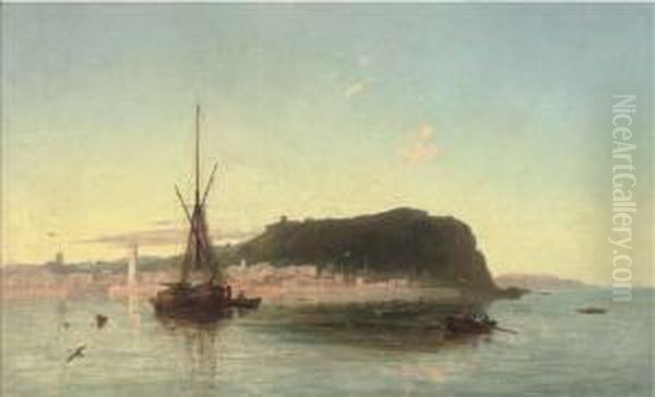 Fishing Boats Off A Coastal Landscape Oil Painting by Francis Danby