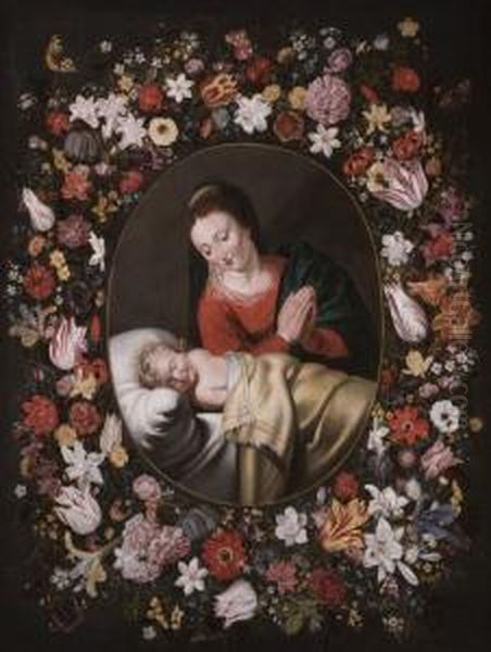 Madonna Mit Dem Schlafenden 
Christusknaben In Einem Kranz Aus Rosen, Tulpen, Lilien Und Anderen 
Blumen Oil Painting by Andries Daniels or Danielsz