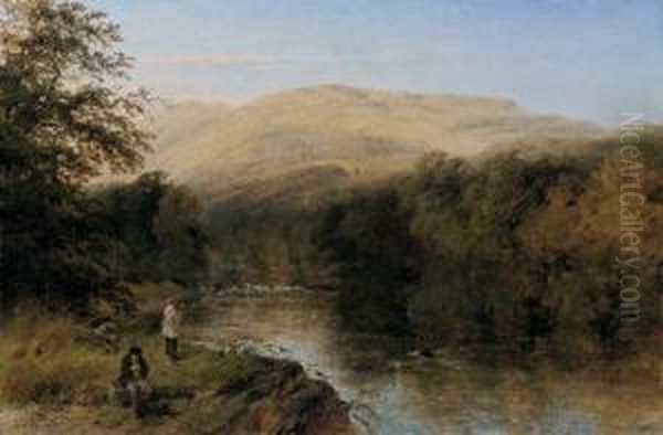 Fishing In A Mountainous Landscape Oil Painting by Henry Thomas Dawson