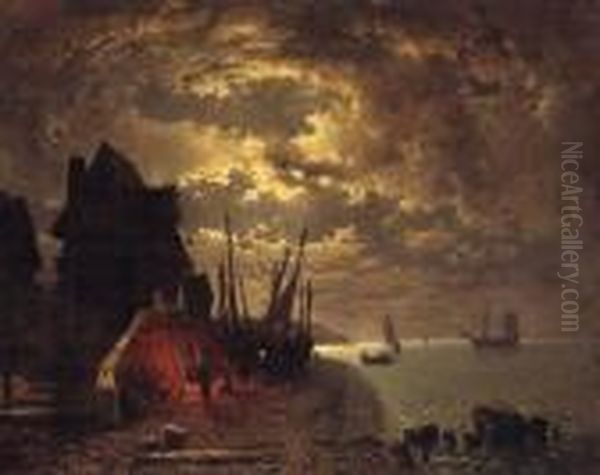 Fisherfolk Before A Fire At Low Tide, In A Moonlit Coastalinlet Oil Painting by Tony Francis De Bergue