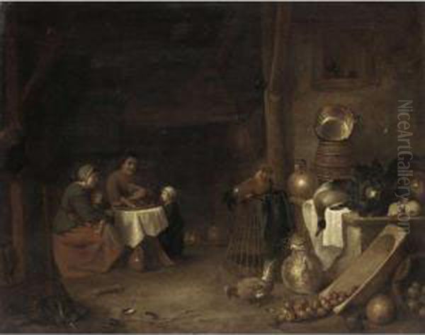 A Barn Interior With A Still 
Life Of Kitchen Utensils And A Peasant Family Seated Round A Table Oil Painting by Pieter de Bloot