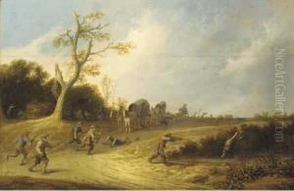 A Dune Landscape With Bandits Ambushing Travellers In Wagons Oil Painting by Pieter de Bloot
