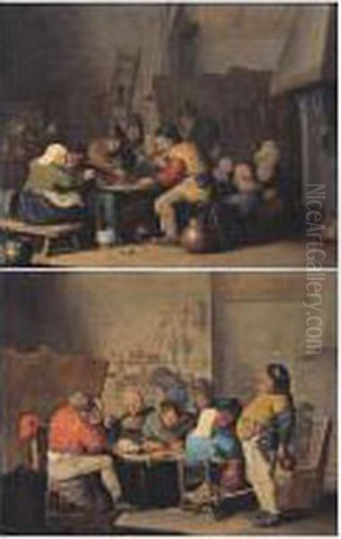Tavern Interior With Boors Carousing And Eating Mussels;
 Interior With Boors Feasting Oil Painting by Pieter de Bloot