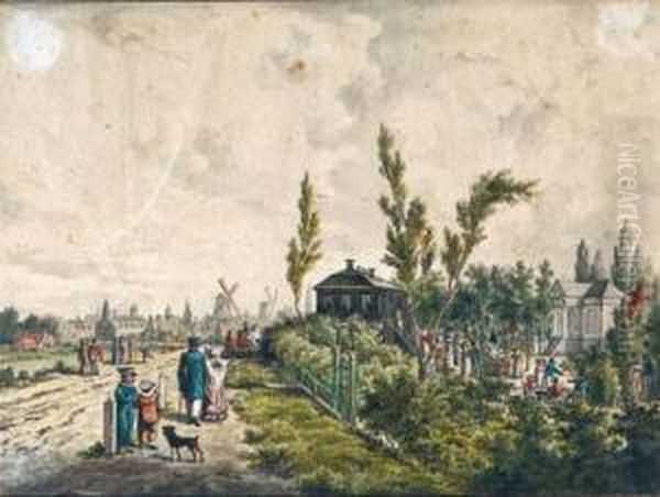 A View Of The Hogedijk With 
Elegant Company Near The Pleasuregardens At Tivoli, The Haarlemmerpoort 
And Amsterdam Beyond Oil Painting by Cornelis Johannes De Bruyn