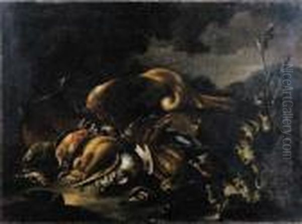 Natura Morta Di Cacciagione Con 
Una Lepre, Alcuni Uccelli, Una Fiasca Di Polvere, Su Sfondo Di Paesaggio
 E, In Primo Piano, A Destra, Una Polla D'acqua E Una Pianta Di Cardo Oil Painting by Baldassare De Caro