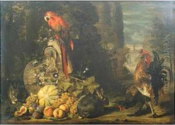 Still Life Of A Melon, Peaches, 
Grapes And Plums, Together With Rabbits, A Parrot, Cockerel And Hen, 
Gathered Around An Over-turned Corinthian Column Capital, A Parkland 
Setting Beyond Oil Painting by David de Coninck