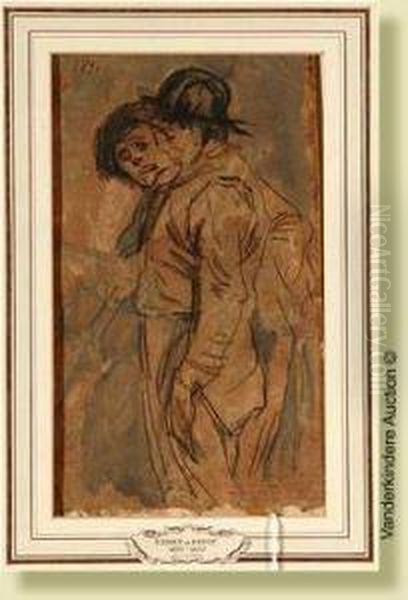 Deuxenfants, Fusain Et Aquarelle Sur Papier Oil Painting by Henri De Groux