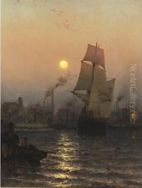 Shipping In Harbor By Moonlight Oil Painting by Mauritz F. H. de Haas
