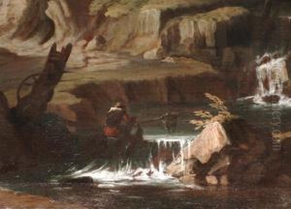 Felsige Herbstlandschaft Mit
 Wasserfall Und Figurenstaffage Oil Painting by Jacob De Heusch