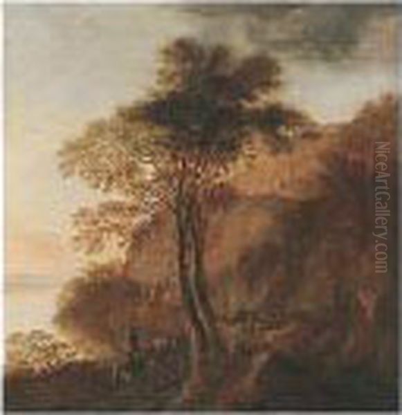 A Southern Landscape With 
Drovers And Their Mules On A Path Beside A Lake, A House On The Hill-top
 Beyond Oil Painting by Willem de Heusch