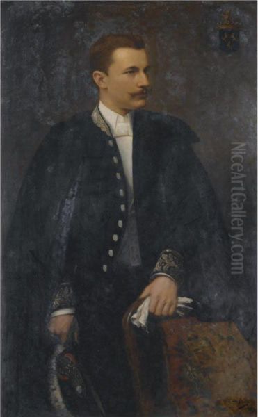Portrait Of A Young Man, 
Depicted Three Quarter Length, Wearing A Uniform And A Dark Cloack. 
Member Of The De Caters Family. Oil Painting by Edouard De Jans