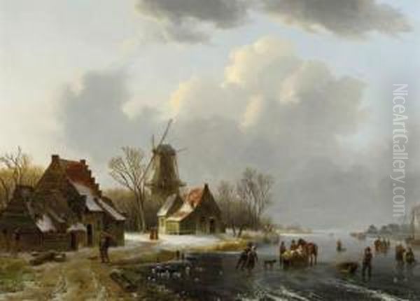 A Winterlandscape With Peasants 
On A Frozen Waterway, With Farmhouses And A Windmill Beyond Oil Painting by Willem De Klerk