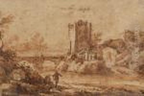 Paysage Fluvial A La Tour Lavis Brun Rouge Oil Painting by Alessio De Marchis