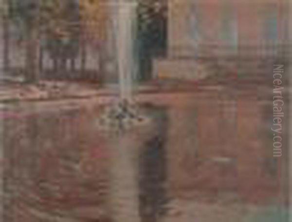  Bassin Et Jet D'eau Dans Un Parc  Oil Painting by Francois Marie De Marliave