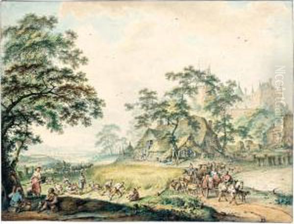 An Extensive Summer Landscape 
With A Castle To The Right, A Church In The Background, Haymakers 
Working And Other Peasants Resting Oil Painting by Hendrik Meijer
