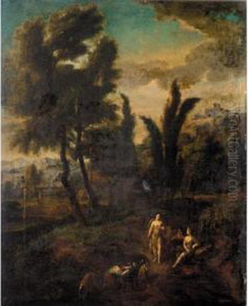 Diana And Her Nymphs In A Wooded Landscape Oil Painting by Isaac de Moucheron