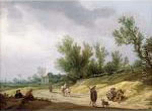 A Landscape With A Rider And People Resting By A Path, A Farmhouse In The Distance Oil Painting by Pieter de Neyn