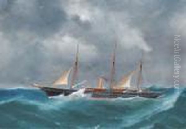 The Schooner-rigged Steam Yacht Catarina At Sea Oil Painting by Atributed To A. De Simone
